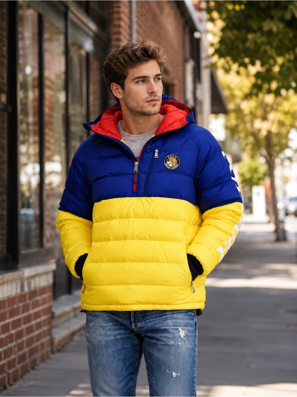 Polo Ralph Lauren Puffer Jacket Down Fill Glacier Hooded Yellow Blue